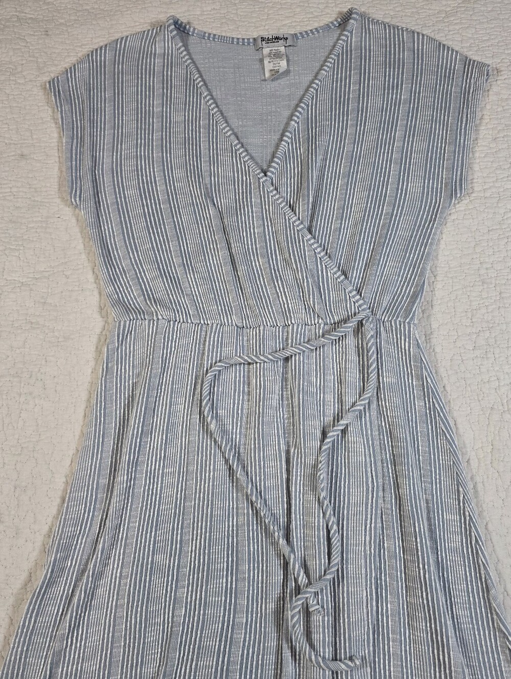 StitchWurks Los Angeles Light Blue Striped Faux Wrap Maxi Dress - Picture 5 of 9